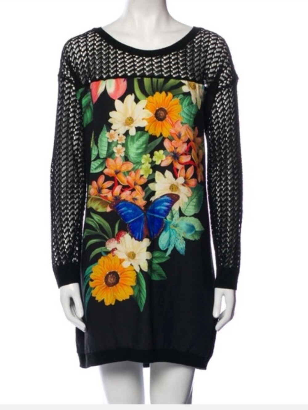 FARM RIO Tropical Floral With Butterfly Mangas E Pala Shift Dress Size Large
